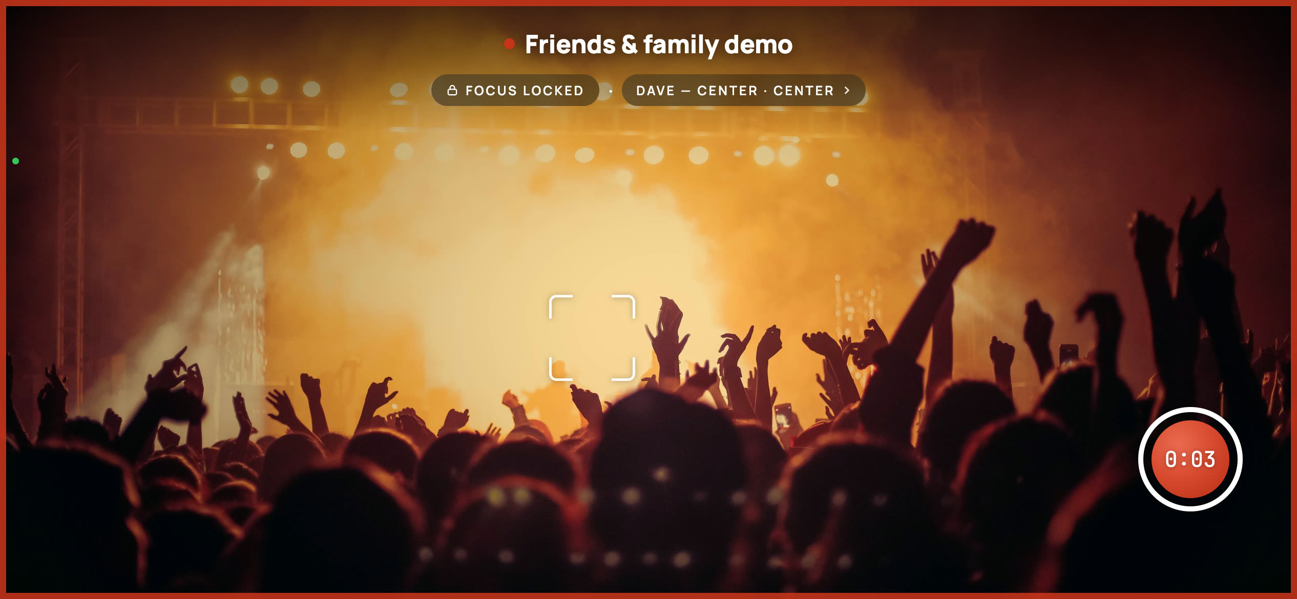 The capture app recording at a rock concert — red frame around the screen, 0:03 on the clock